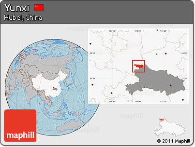 Gray Location Map of Yunxi, highlighted country, highlighted parent region, hill shading