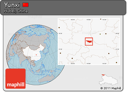Gray Location Map of Yunxi, highlighted country, hill shading