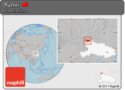 Gray Location Map of Yunxi, highlighted parent region, hill shading