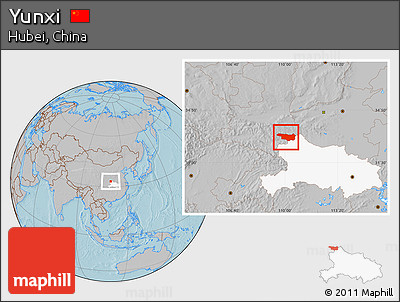 Gray Location Map of Yunxi, highlighted parent region, hill shading