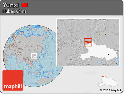 Gray Location Map of Yunxi, highlighted parent region, hill shading