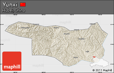 Shaded Relief Map of Yunxi, single color outside