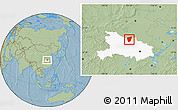 Savanna Style Location Map of Zaoyang, highlighted parent region, hill shading