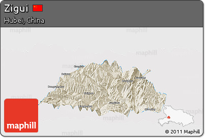 Shaded Relief Panoramic Map of Zigui, single color outside