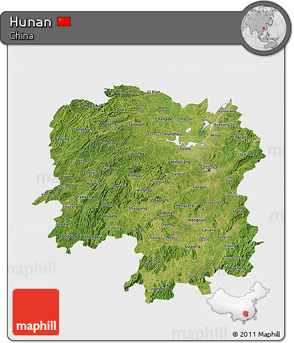 Satellite 3D Map of Hunan, single color outside