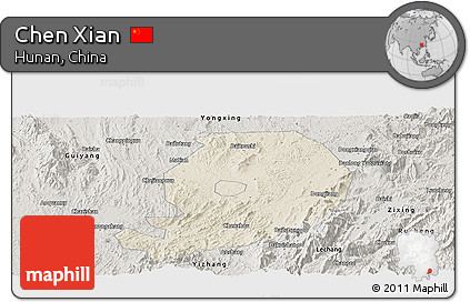 Shaded Relief Panoramic Map of Chen Xian, semi-desaturated