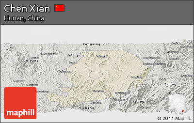 Shaded Relief Panoramic Map of Chen Xian, semi-desaturated