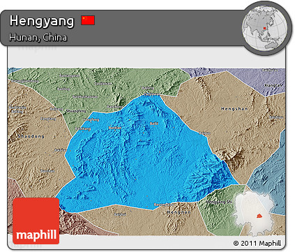 Political 3D Map of Hengyang, semi-desaturated
