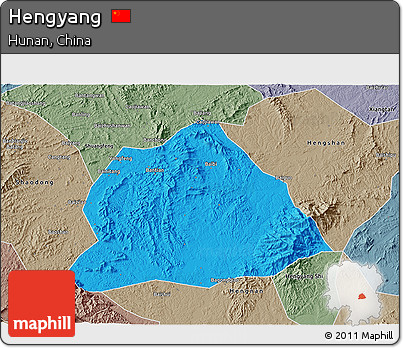 Political 3D Map of Hengyang, semi-desaturated