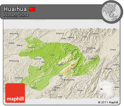 Physical 3D Map of Huaihua, shaded relief outside