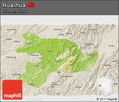 Physical 3D Map of Huaihua, shaded relief outside