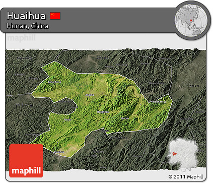 Satellite 3D Map of Huaihua, darken, semi-desaturated
