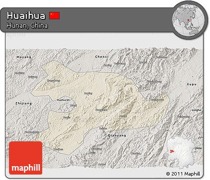 Shaded Relief 3D Map of Huaihua, semi-desaturated
