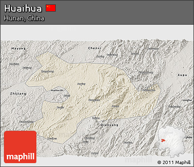 Shaded Relief 3D Map of Huaihua, semi-desaturated