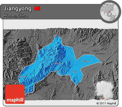 Political 3D Map of Jiangyong, darken, desaturated