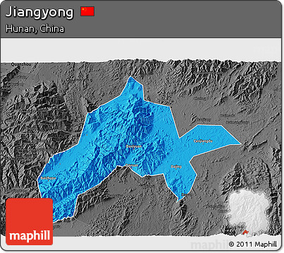 Political 3D Map of Jiangyong, darken, desaturated