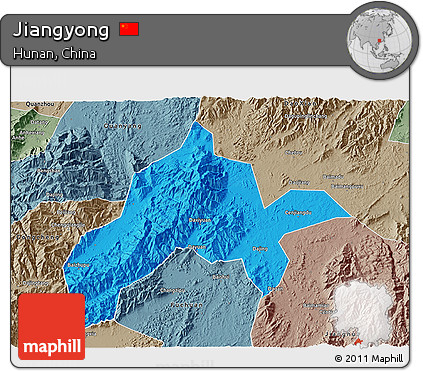 Political 3D Map of Jiangyong, semi-desaturated