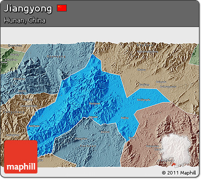 Political 3D Map of Jiangyong, semi-desaturated