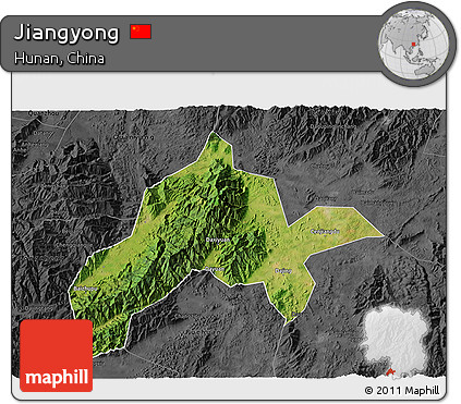 Satellite 3D Map of Jiangyong, darken, desaturated