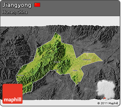 Satellite 3D Map of Jiangyong, darken, desaturated