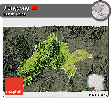 Satellite 3D Map of Jiangyong, darken, semi-desaturated