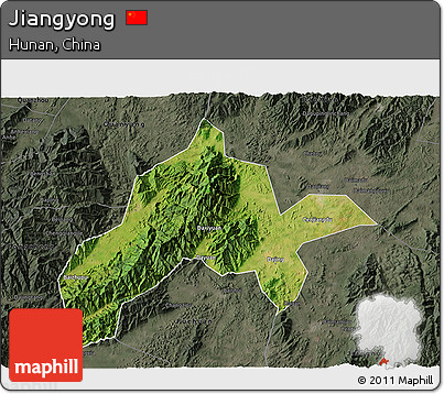 Satellite 3D Map of Jiangyong, darken, semi-desaturated