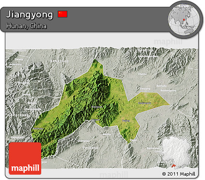 Satellite 3D Map of Jiangyong, lighten, semi-desaturated