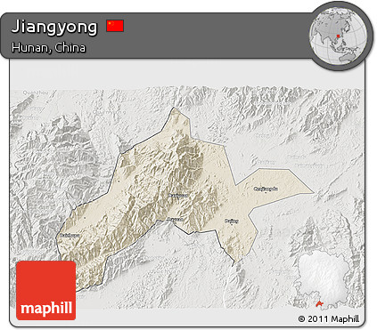 Shaded Relief 3D Map of Jiangyong, lighten, semi-desaturated