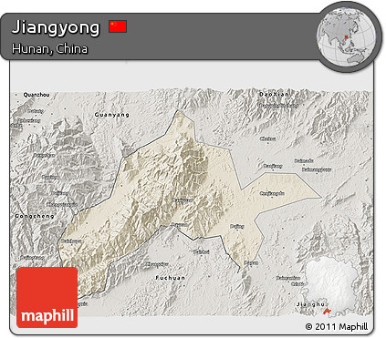 Shaded Relief 3D Map of Jiangyong, semi-desaturated