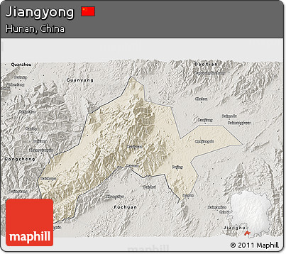 Shaded Relief 3D Map of Jiangyong, semi-desaturated