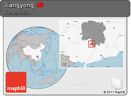 Gray Location Map of Jiangyong, highlighted country, highlighted parent region, hill shading