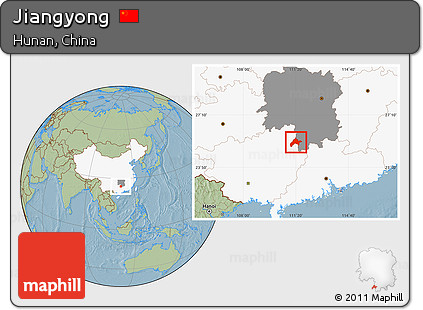 Savanna Style Location Map of Jiangyong, highlighted country, highlighted parent region, hill shading
