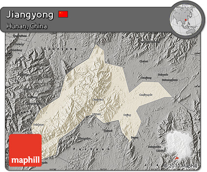 Shaded Relief Map of Jiangyong, darken, semi-desaturated