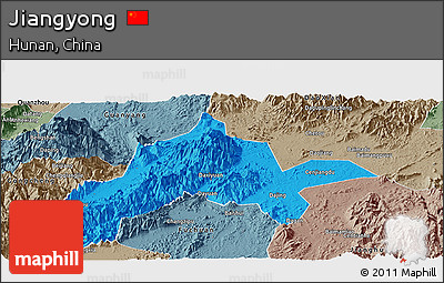 Political Panoramic Map of Jiangyong, semi-desaturated