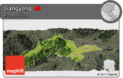 Satellite Panoramic Map of Jiangyong, darken, semi-desaturated