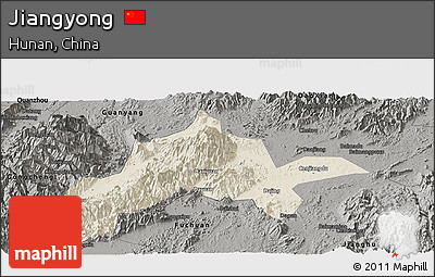 Shaded Relief Panoramic Map of Jiangyong, darken, semi-desaturated