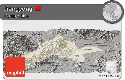 Shaded Relief Panoramic Map of Jiangyong, darken, semi-desaturated