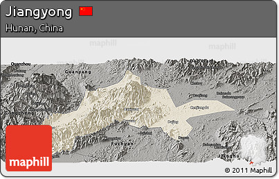 Shaded Relief Panoramic Map of Jiangyong, darken, semi-desaturated
