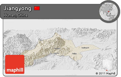 Shaded Relief Panoramic Map of Jiangyong, lighten, desaturated