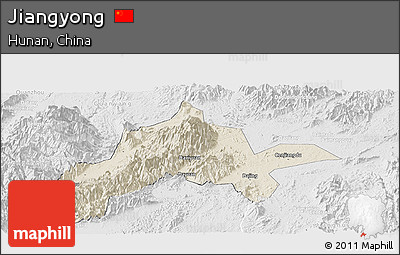 Shaded Relief Panoramic Map of Jiangyong, lighten, desaturated