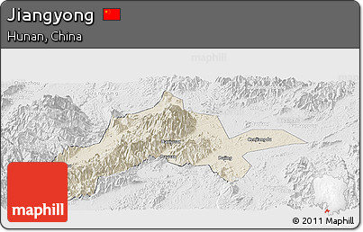 Shaded Relief Panoramic Map of Jiangyong, lighten, desaturated