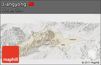 Shaded Relief Panoramic Map of Jiangyong, lighten, semi-desaturated