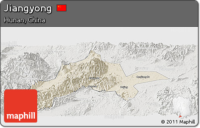 Shaded Relief Panoramic Map of Jiangyong, lighten, semi-desaturated