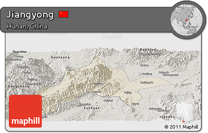 Shaded Relief Panoramic Map of Jiangyong, semi-desaturated