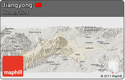 Shaded Relief Panoramic Map of Jiangyong, semi-desaturated