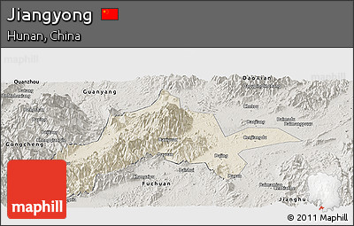 Shaded Relief Panoramic Map of Jiangyong, semi-desaturated