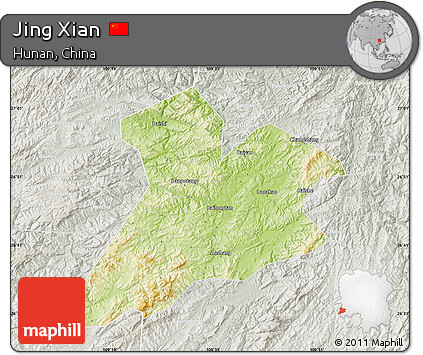 Physical Map of Jing Xian, lighten, semi-desaturated