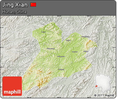 Physical Map of Jing Xian, lighten, semi-desaturated