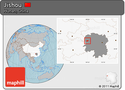 Gray Location Map of Jishou, highlighted country, highlighted parent region, hill shading