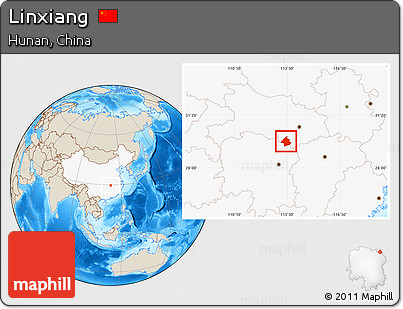 Shaded Relief Location Map of Linxiang, highlighted country
